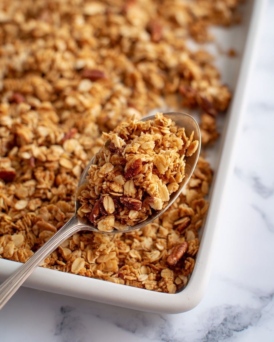 The image shows a close-up of a large white baking tray filled with golden brown granola that looks crunchy and crumbly. In the center, a silver spoon holds a clump of the granola, highlighting its rough texture and mix of oats, nuts, and seeds. The granola pieces have a mix of light golden to darker toasted brown colors scattered unevenly across the tray, resting on a white marbled surface. The background is softly blurred to keep focus on the granola and spoon in the front. photo taken with an iphone --ar 4:5 --v 7