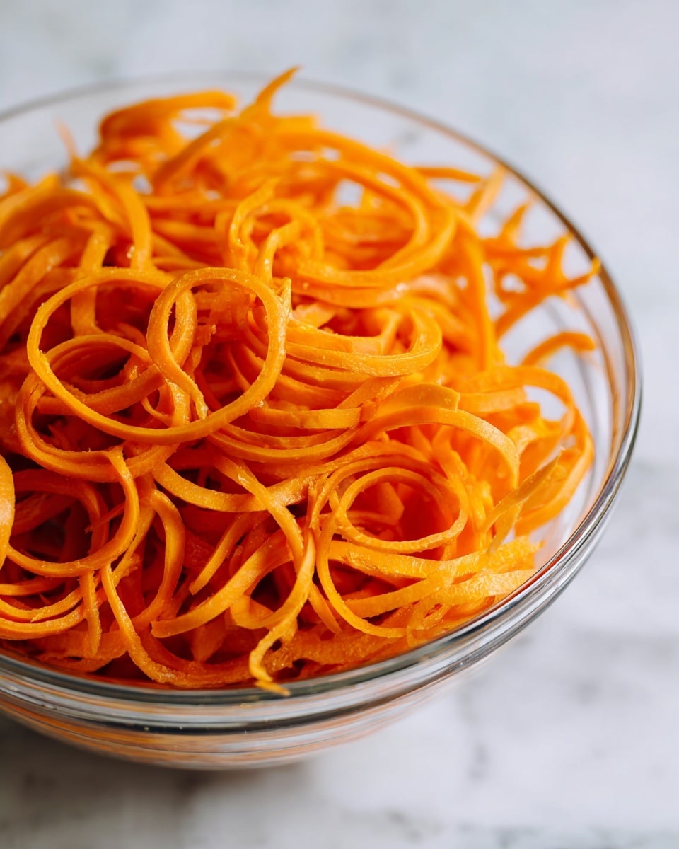 A bowl filled with bright orange sweet potato spirals that twist and curl in thin, long layers. The shiny metal bowl holds many layers of these curly strands, showing their smooth, slightly textured surface with a soft matte finish. The bowl sits on a white marbled surface, creating a clean and simple background that makes the vibrant orange color stand out. Photo taken with an iphone --ar 4:5 --v 7