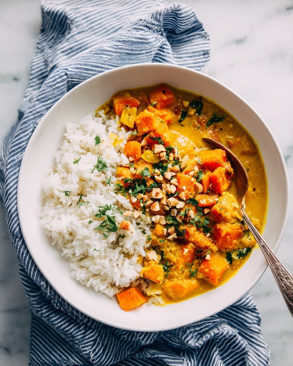 A white bowl holds a dish with two visible layers: the bottom layer is white rice with a fluffy texture, and the top layer is a chunky yellow-orange curry mixed with green leafy bits and small light beige pieces, giving it a thick and creamy look. The curry's surface glistens slightly, showing hints of herbs and spices. A metal fork is partially inside the bowl with its handle resting on the bowl's edge. The bowl sits on a white marbled surface, and a faint steam rises from the food, giving a warm and fresh impression. Photo taken with an iphone --ar 4:5 --v 7