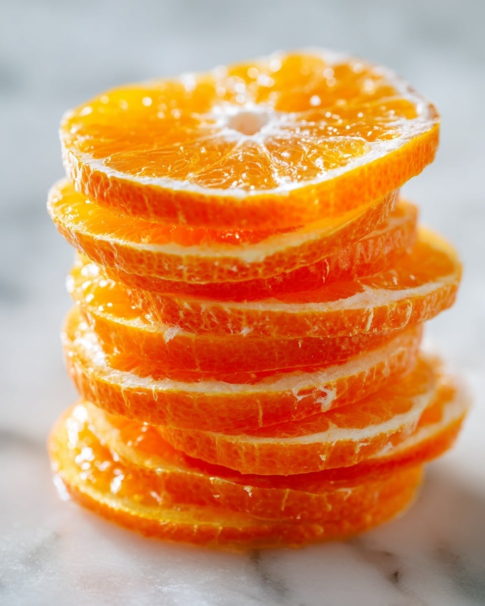 A close-up view of a stack showing seven round slices of peeled orange fruit, each layer displaying a bright orange color with a shiny, moist texture. The juicy flesh of the orange slices has a slightly translucent quality, with white pith around some edges, and the stack rests directly on a white marbled surface. The background is softly blurred and light, enhancing the fresh and vibrant look of the orange layers. Photo taken with an iphone --ar 4:5 --v 7