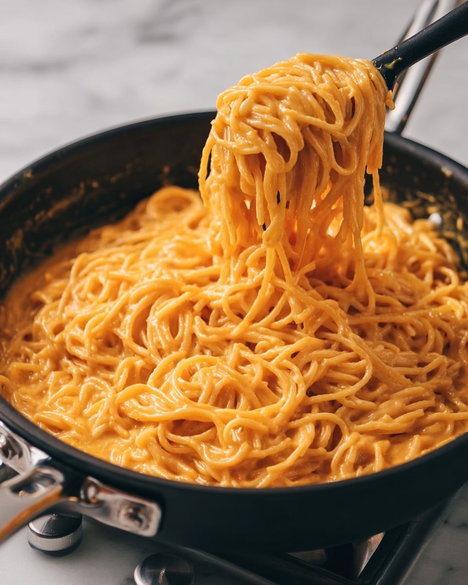 A close-up view shows a pan filled with creamy orange sauce with noodles mixed in. The noodles are long, thin, and coated evenly with the thick, smooth sauce. A black utensil lifts a portion of the noodles, which are stringy and dripping slightly. The pan is black, and it sits on a cooking surface with visible control knobs. The scene is bright with a white marbled texture underneath. photo taken with an iphone --ar 4:5 --v 7