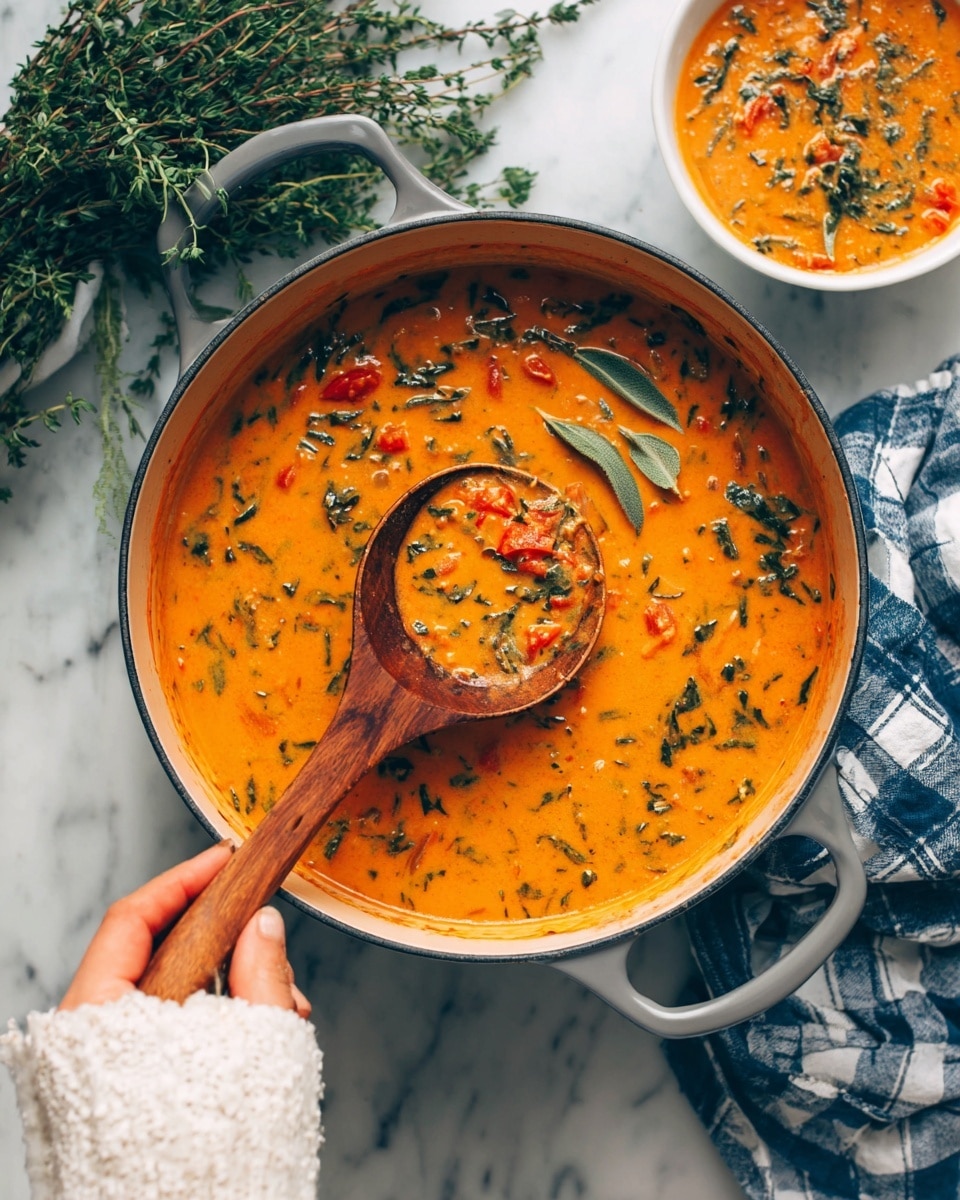 A large gray cooking pot filled with a thick orange soup layered with small green chopped herbs scattered across the surface, giving it a fresh look. The soup shows bits of red spices and some oil swirls on top, adding texture and color contrast. The pot sits on a white marbled surface next to a white bowl partially filled with more soup topped with similar green herbs. A white cloth with blue grid lines is casually placed near the pot's handle. Photo taken with an iphone --ar 4:5 --v 7