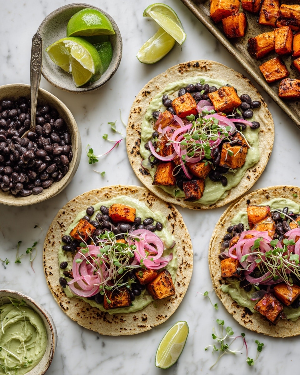 Three soft corn tortillas lie flat on a white marbled surface, each topped with layered ingredients. The first layer on each tortilla is a light green creamy sauce, followed by chunks of orange roasted sweet potato, dark black beans scattered on top, and bright pink pickled onions arranged in curly strips. Small green microgreens are sprinkled over everything adding freshness and color contrast. Around the tortillas, there is a tray with more roasted sweet potatoes, a white bowl filled with black beans and a silver spoon, a halved avocado showing its green inside and large seed, a small bowl of pickled onions, a white bowl with light green creamy sauce and a spoon, two lime halves, and a small glass bowl with green microgreens. The background is a white marbled texture. The arrangement is bright and fresh, with natural light highlighting the textures and colors. photo taken with an iphone --ar 4:5 --v 7
