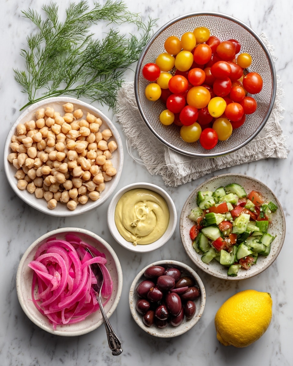 The image shows six separate servings of fresh ingredients arranged on a white marbled surface. At the top center, there is a silver colander filled with bright red and yellow grape tomatoes. Below it, on the left, there is a large white plate holding light beige chickpeas with a small spoon. To the right of the chickpeas is a small round bowl with a creamy yellow mustard sauce. Next to the mustard, at the bottom center, is a small white stone bowl containing thin slices of bright pink pickled onions with a small fork. Above the onions to the right are pitted Kalamata olives in a small dark bowl. Further right is a white bowl filled with diced bright green cucumbers mixed with red and yellow grape tomatoes. At the bottom right corner, a whole bright yellow lemon and some green fresh dill leaves complete the spread. Photo taken with an iphone --ar 4:5 --v 7