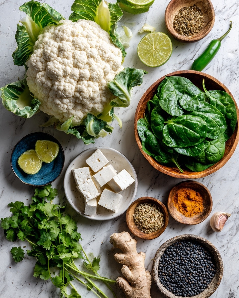 A top-down view of fresh cooking ingredients arranged neatly on a white marbled surface, including a large head of white cauliflower with green leaves on the left, a wooden bowl filled with bright green spinach leaves on the right, and a small white bowl of white cubed tofu at the bottom. Around them are loose green spinach leaves, a bunch of fresh green cilantro, a piece of fresh ginger, two halves of a cut lime, two garlic cloves, a small round wooden dish of sliced green chili, a white dish holding two ground spices separated side by side (one light brown and one yellow), a small blue dish with orange powder, and a small round bronze bowl filled with whole black lentils. photo taken with an iphone --ar 4:5 --v 7