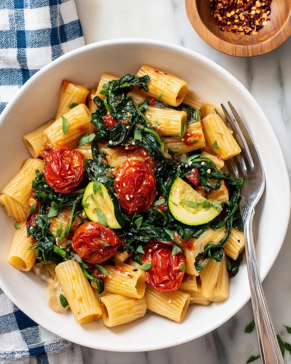A close-up of a white wide-rimmed plate filled with rigatoni pasta coated in a light red sauce, mixed with wilted dark green spinach leaves, bright green half-moon slices of zucchini, and whole roasted cherry tomatoes with a shiny red skin. Small bits of green herbs are sprinkled on top, adding a fresh touch. The plate is set on a white marbled surface, with a silver fork resting on the right side of the plate. In the top right corner, a small wooden bowl with crushed red pepper flakes is partially visible, and a blue and white checked cloth is seen in the bottom left corner. Photo taken with an iphone --ar 4:5 --v 7