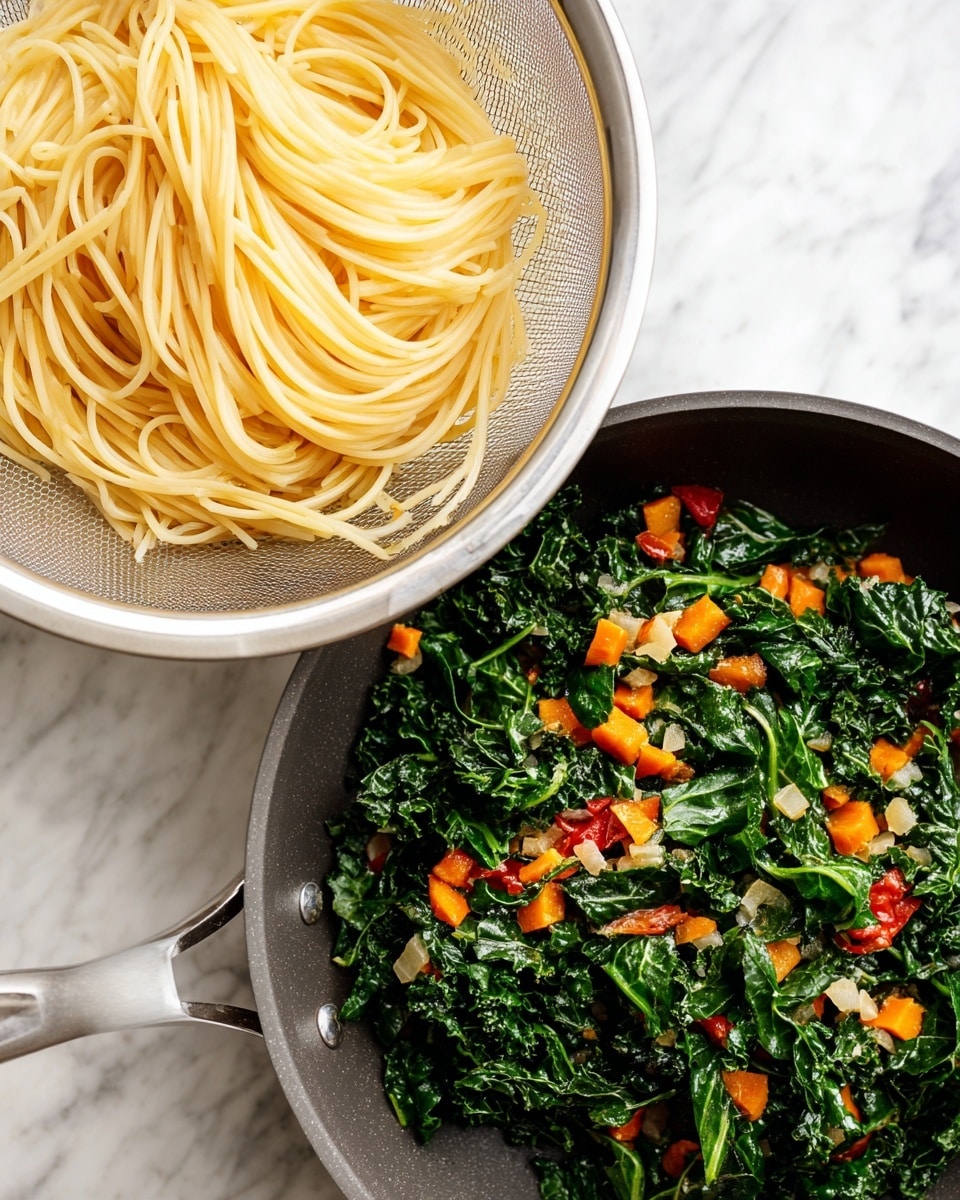 The image shows two parts: on the left, pale yellow cooked spaghetti noodles resting loosely in a fine mesh white colander, with strands overlapping and some curling in different directions. On the right, a dark non-stick pan contains bright green wilted kale leaves mixed with small diced orange sweet potatoes and tiny bits of red tomatoes evenly spread across the surface. Both images have a clean white marbled background. photo taken with an iphone --ar 4:5 --v 7