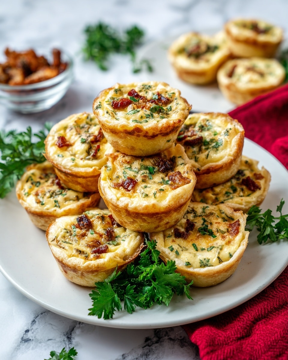 There are twelve small tartlets arranged on a wooden surface with a soft focus knife and a block of cheese in the background on a white marbled texture. Each tartlet has a light golden, slightly flaky crust forming a round base and a smooth, slightly puffed yellow filling with green herbs evenly mixed in. A few tartlets show small bits of red and browned areas on the filling, adding a bit of color contrast. The tartlets are placed close together with a red cloth and some green stems partially visible to the right side of the image. Photo taken with an iphone --ar 4:5 --v 7
