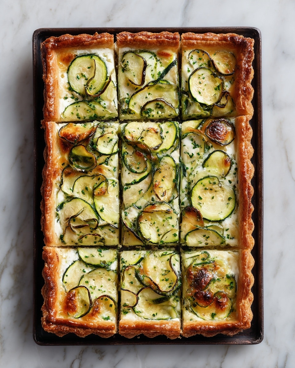 A rectangular tart is cut into eight square pieces arranged in two columns and four rows on a dark tray, placed on a white marbled surface. The tart has a golden-brown, flaky crust with puffy edges forming a thick border. Inside the crust, there is a creamy white layer mixed with chopped green herbs visible beneath a topping of peeled, thin, curved zucchini slices spread evenly across the surface. The zucchini slices vary in green shade, ranging from dark green edges to lighter green centers. The tart overall looks fresh and crispy. Photo taken with an iphone --ar 4:5 --v 7