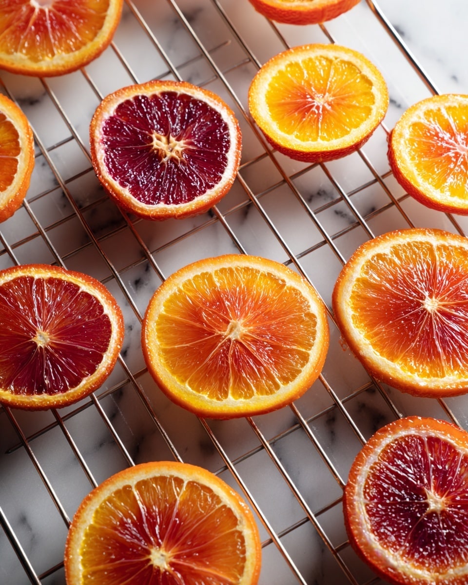 The image shows a cooling rack placed on a white marbled surface, with multiple thin orange slices spread evenly across the rack. Each orange slice displays a translucent, glossy texture with vibrant colors ranging from bright orange outer edges to deep red and purple centers, showing the fruit's segments and veins clearly. The slices appear slightly shiny, as if they have a light glaze or are candied, and the metal cooling rack creates a grid pattern that contrasts with the round shapes of the orange slices. The photo taken with an iphone --ar 4:5 --v 7