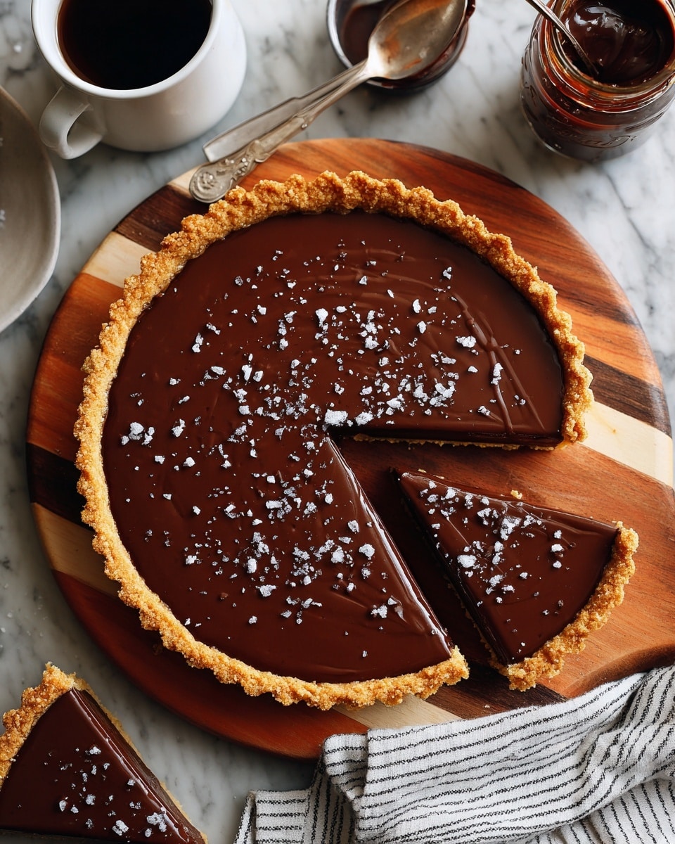 The image shows a chocolate tart with two layers: a golden, crumbly crust on the bottom and a smooth, dark chocolate layer on top. The chocolate layer has a glossy finish with a few ridges and is sprinkled with coarse salt. One slice is taken out and placed close to the tart on a wooden board with natural wood tones and stripes. Around the tart, there is a small jar of chocolate sauce, a cup filled with black coffee in a white cup with a dark handle, a white marbled surface underneath, and a striped cloth napkin below the board. A woman's hand is not visible but implied holding the spoon near the chocolate jar. Photo taken with an iphone --ar 4:5 --v 7
