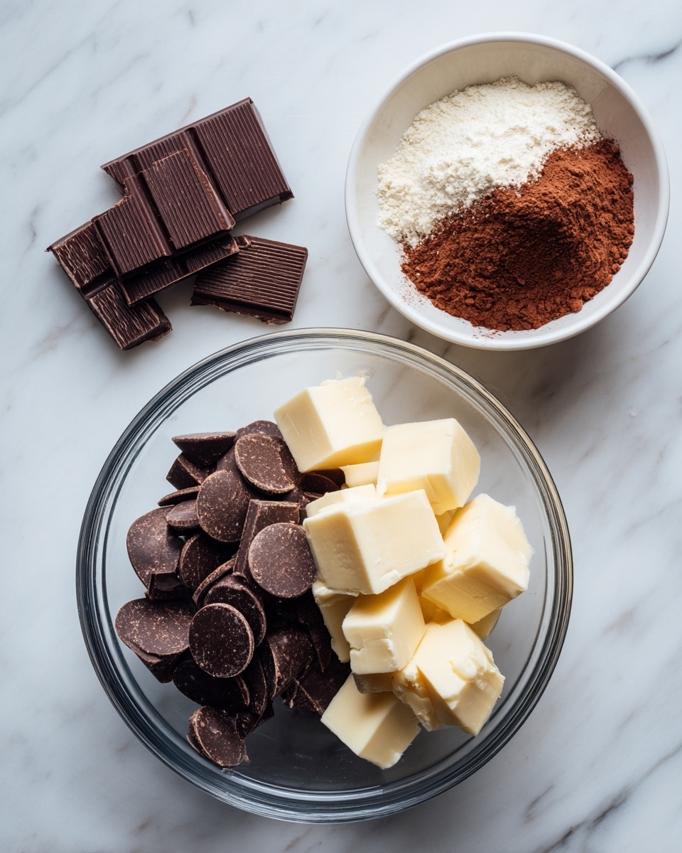 A clear glass bowl on a white marbled surface holds three layers: small dark chocolate discs at the bottom left, larger dark chocolate pieces underneath, and several cubes of pale butter stacked on the right side. Above the bowl, a white bowl contains two halves of powdered ingredients—one half white powder and the other half dark brown cocoa powder—creating a sharp contrast. The wooden surface texture under the bowls has been changed to a white marbled texture. photo taken with an iphone --ar 4:5 --v 7
