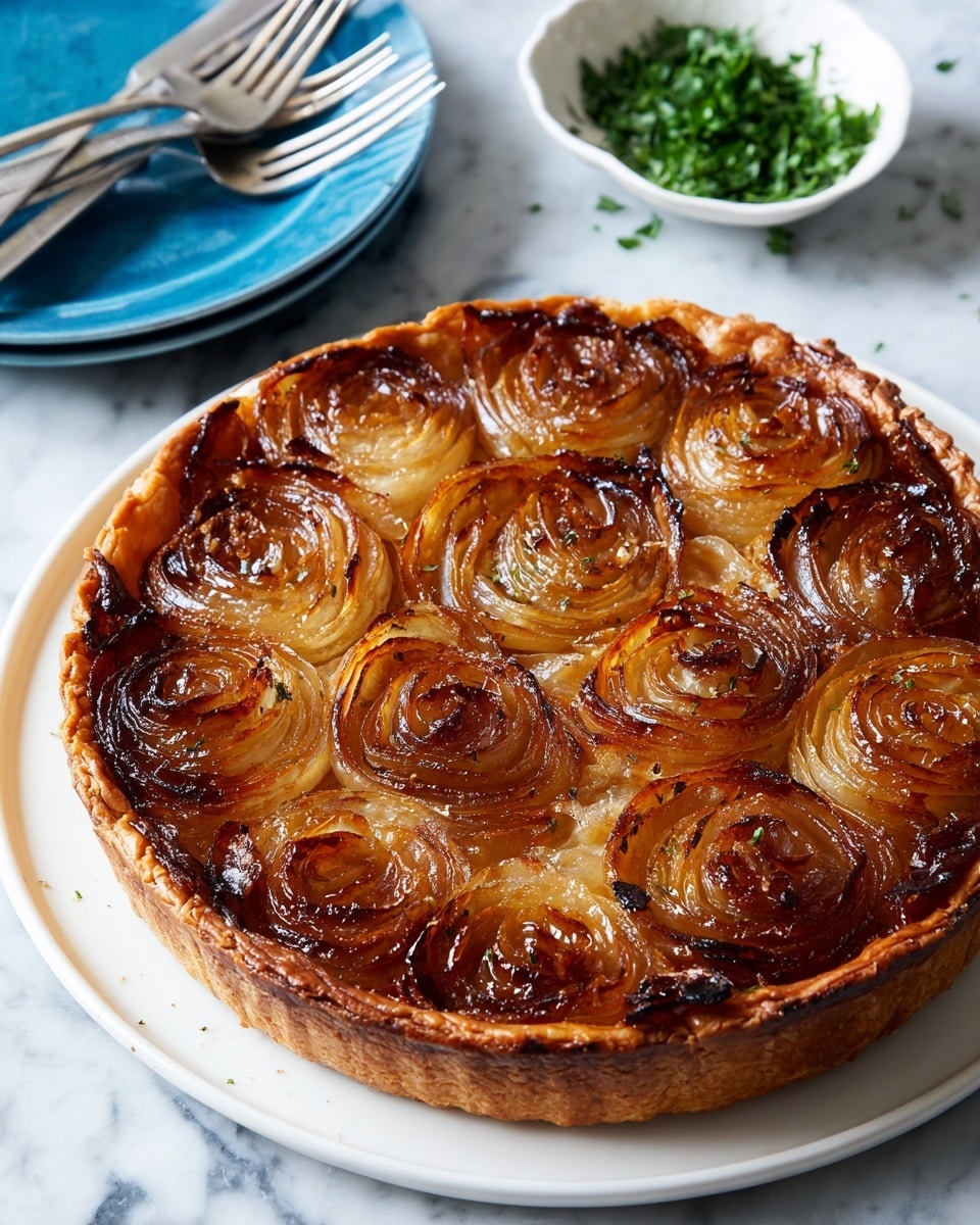 A slice of a tart with golden brown caramelized onions layered on top rests on a white plate, showing textures that are soft and shiny from the cooked onions, with a crispy, browned crust underneath. The rest of the tart, showcasing the same layers and colors, is on another white plate partially visible at the top right. Next to the tart is a small white bowl filled with finely chopped green herbs. A silver fork is placed diagonally on the plate with the slice, and a woman's hand holding the fork is not visible. All items are arranged on a white marbled surface with a piece of red cloth near the bowl. photo taken with an iphone --ar 4:5 --v 7