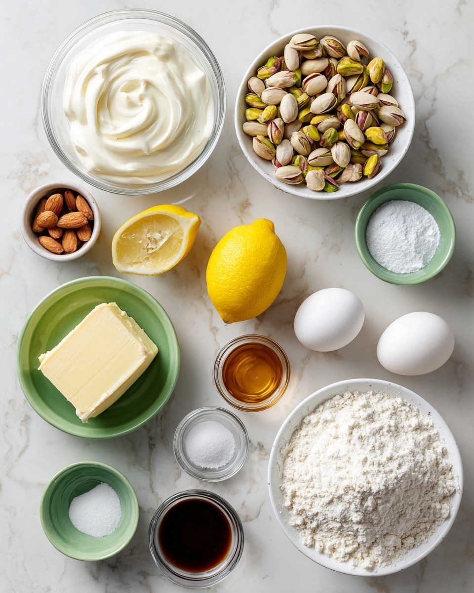 A top-down view of various baking ingredients arranged neatly on a white marbled surface, including a clear glass bowl of white sour cream at the top left, a white bowl filled with shelled pistachios at the top right, and a white bowl containing white flour at the bottom right. Two white eggs sit near the pistachios and a stick of yellow butter is placed diagonally nearby. A halved and whole yellow lemon are centered with a small green bowl of white baking powder above them. Around the lemons are small bowls holding dark brown vanilla, white sugar, a pinch of salt, and almond extract in a green bowl, all set neatly apart. The labels with bold black text name each ingredient clearly. Photo taken with an iphone --ar 4:5 --v 7