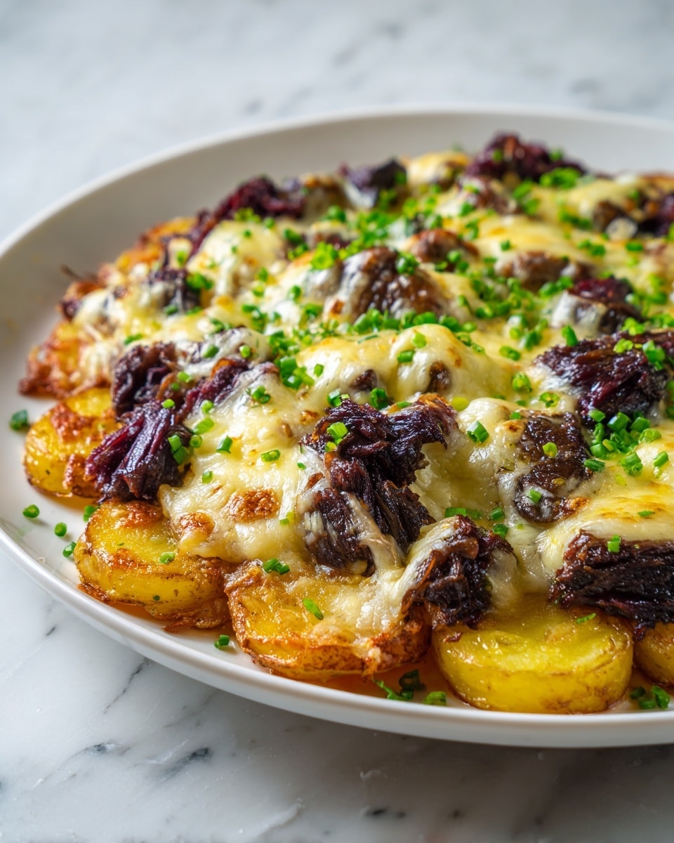 The dish shows a white plate full of several layers of crispy chips with golden brown edges. Each chip is topped with melted yellow cheese that covers the chips but lets some crispy edge show. Between chips, there are pieces of shredded pinkish meat, and all over the top, bright green chopped herbs are sprinkled. In the back, a small white bowl holds a creamy light yellow sauce, and everything sits on a white marbled surface. The scene looks close up and detailed, showing the texture of cheese, meat, and chips clearly photo taken with an iphone --ar 4:5 --v 7