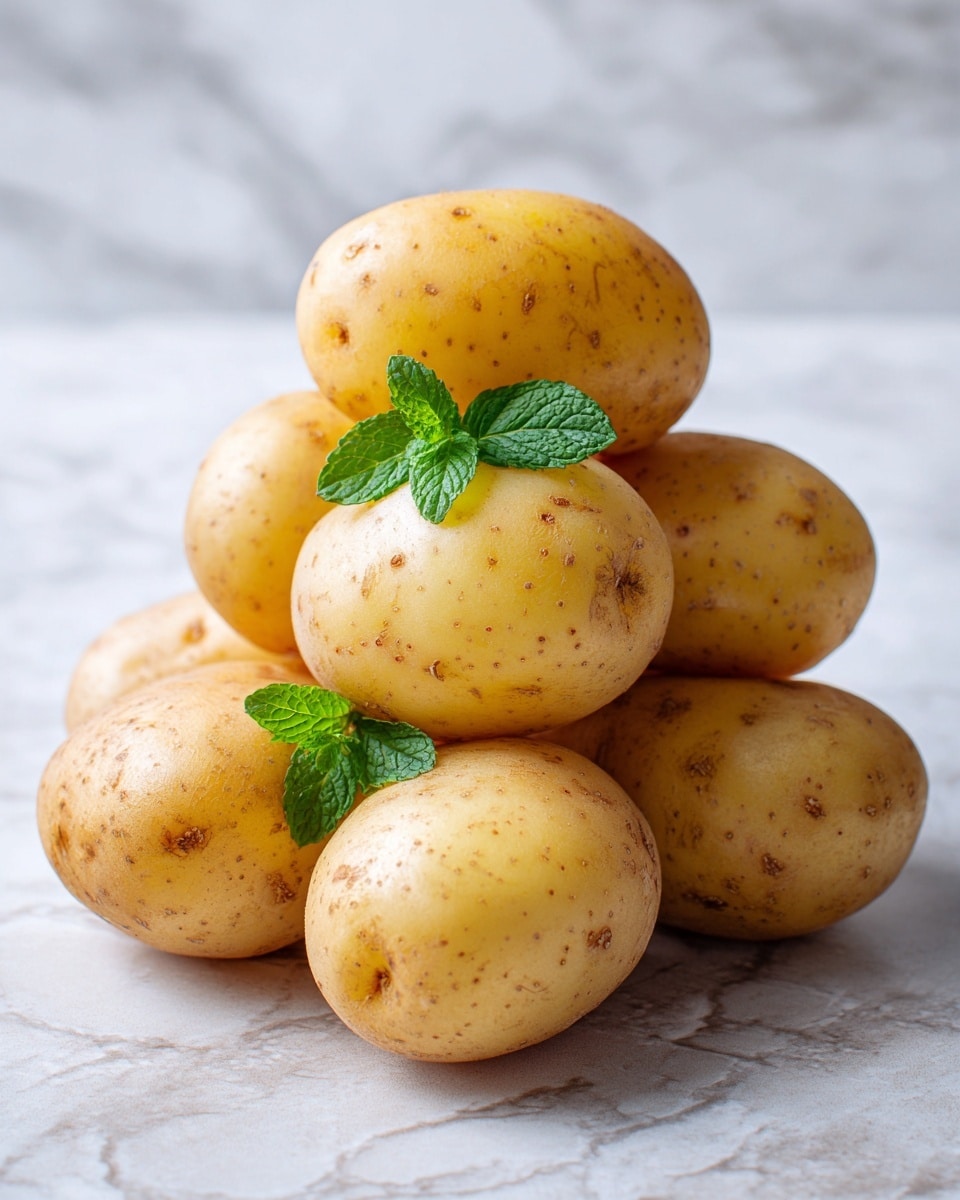 The image shows a small pile of seven light brown potatoes with smooth skin and little specks on their surface. They are stacked in a pyramid shape, with the potatoes at the bottom supporting the others. On top of the pile, there are two small green mint leaves adding a touch of color. The potatoes rest on a white marbled texture, and the lighting highlights their round shape and natural texture. photo taken with an iphone --ar 4:5 --v 7