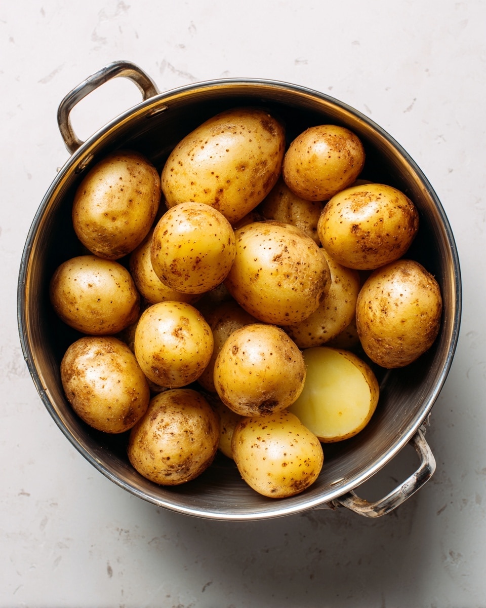 A shiny metal pot filled with whole and large quartered small potatoes. The potatoes have light brown skin with speckled dots and a pale yellow inside. The pot rests on a white marbled surface which gives a clean and simple background. The potatoes fill almost the entire pot, showing a mix of smooth and rough skin textures. The light reflects softly off the pot's metal surface, highlighting its rounded edges and rivets near the handle. photo taken with an iphone --ar 4:5 --v 7