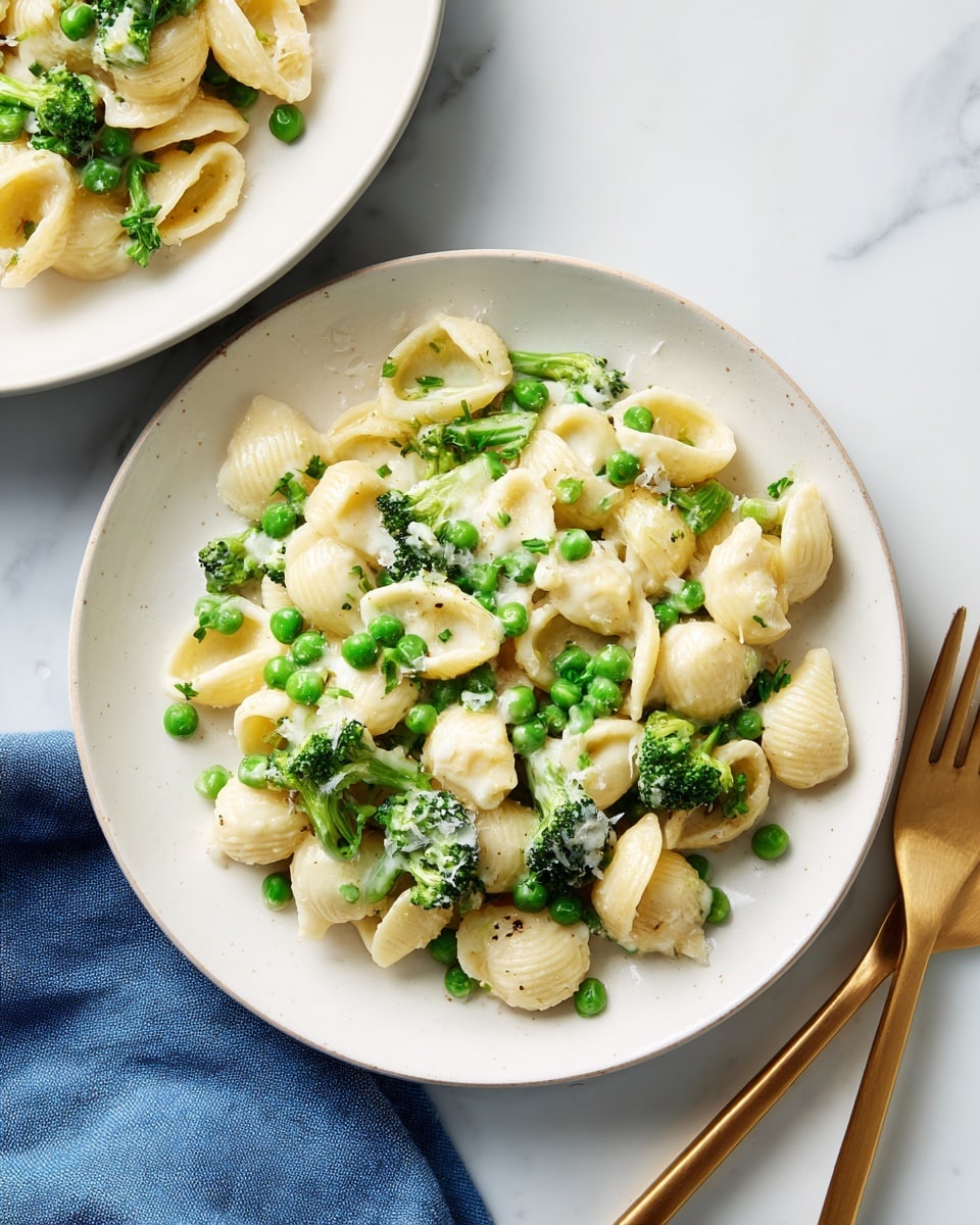 The image shows a white bowl and two white plates filled with macaroni pasta covered in a creamy green sauce with green peas and small broccoli florets mixed in. The macaroni is pale yellow and curved, with the sauce giving a smooth and thick texture that coats every piece. The peas are bright green and round, scattered evenly through the pasta, while the broccoli adds a slightly rough texture and darker green color. The bowl, placed at the top left, is mostly full with the food, and each white plate below and to the right has a smaller, neat pile of the same dish. There is a golden fork and spoon placed on a white marbled surface near the lower right plate. photo taken with an iphone --ar 4:5 --v 7