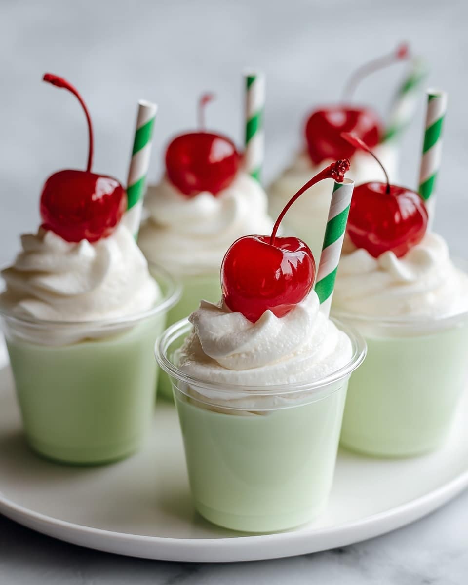 This image shows a small clear plastic cup filled with a smooth pale green mousse as the bottom layer, topped with a small swirl of white creamy topping. On top of the white cream sits a glossy, bright red cherry with a long curved stem. A white paper straw with light green diagonal stripes is placed inside the cup, leaning slightly. The cup is set on a white marbled surface, and a similar cup is softly blurred in the background. Photo taken with an iphone --ar 4:5 --v 7