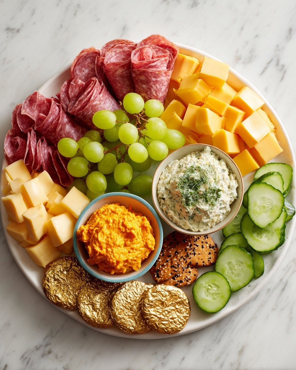 A round wooden board holds a colorful snack arrangement on a white marbled surface. Starting from the left, there is a stack of round golden crackers with black seeds, next to a row of thin curved cucumber slices showing a fresh green color and shiny texture. Above and behind the cucumber is a pile of thinly folded reddish-pink roast meat with textured edges. Centered on the plate is a bunch of light green grapes with smooth skins. To the right of the grapes are two small black bowls, one filled with bright orange shredded cheese spread and the other with thick, creamy white dip that has small chunks in it. Around the bowls, there are scattered dark brown pistachios and a gold-wrapped cheese wedge at the front edge of the board. Photo taken with an iphone --ar 4:5 --v 7