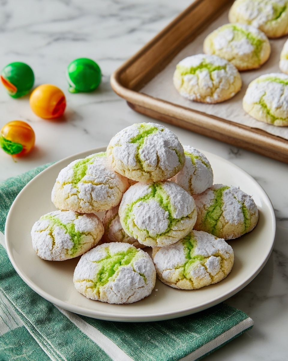 A white plate holds about ten round cookies with a thick white powdered sugar layer on top that cracks to show a bright green inside. The cookies are soft and slightly risen with uneven tops. Around the plate are more cookies on a white striped green cloth, and to the top right is a white baking tray filled with more green-cracked cookies. The background is a white marbled surface with wooden tones visible near a pair of small green and orange toys. photo taken with an iphone --ar 4:5 --v 7