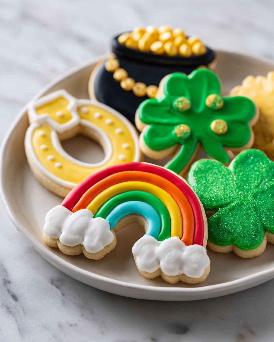 A white round plate on a white marbled surface holds several colorful decorated sugar cookies. In the front center, a rainbow-shaped cookie has five layers of icing: red on top, followed by orange, yellow, green, and blue, with white fluffy clouds on both ends. To its right is a green four-leaf clover cookie with bright green icing covering the whole shape and a darker green outline with a textured edge. Behind it, a pot of gold cookie has black icing covering the pot, with bright yellow icing dots on top representing gold coins. To the left of the clover, a horseshoe cookie is decorated with smooth yellow icing and small yellow dot accents. There is also another green shamrock cookie partially visible on the left side of the plate. The whole setting is bright and colorful with sharp icing details on each cookie photo taken with an iphone --ar 4:5 --v 7