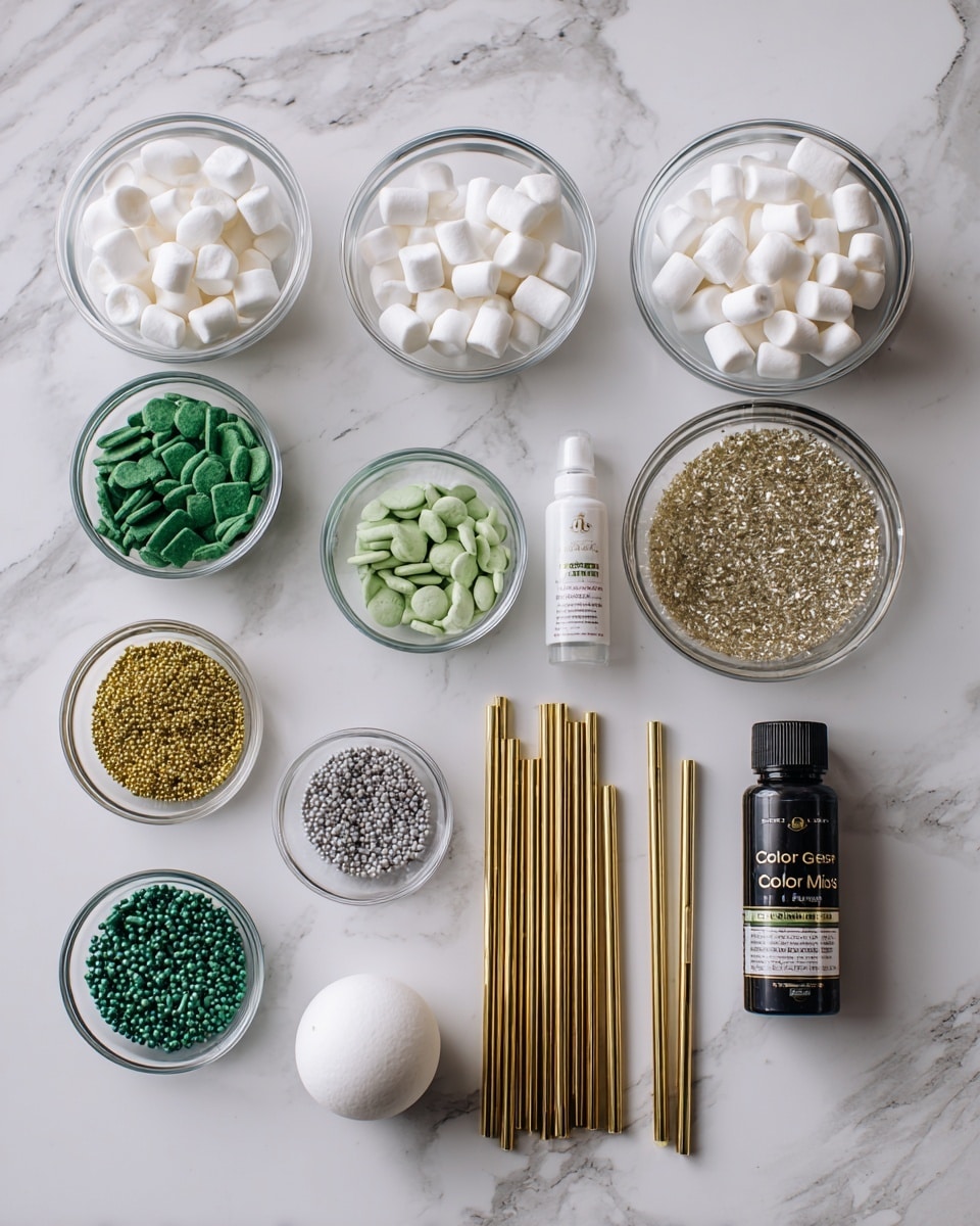 The image shows an arrangement of baking and decorating supplies on a white marbled surface, including multiple clear glass bowls filled with white marshmallows, white candy wafers, and green candy wafers. There are also smaller glass bowls containing green, gold, and silver sprinkles, as well as tiny gray nonpareils. A white foam sphere sits near a small white bottle labeled