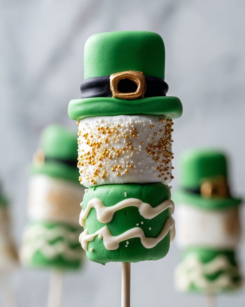 Five skewers lie on a white marbled texture, each holding three large marshmallows stacked vertically. Each marshmallow is decorated with different festive patterns: some are green with white dots or white drizzles, some white with gold dots, and some white with small black pots filled with gold dots resembling gold coins. A few marshmallows have a sugar-coated texture in gold or green. The skewers are shiny gold sticks. Green tinsel decorations frame the left and bottom right corners, with a gold bead string in the top right corner. The lighting is bright and even, highlighting the colorful, detailed designs. Photo taken with an iphone --ar 4:5 --v 7