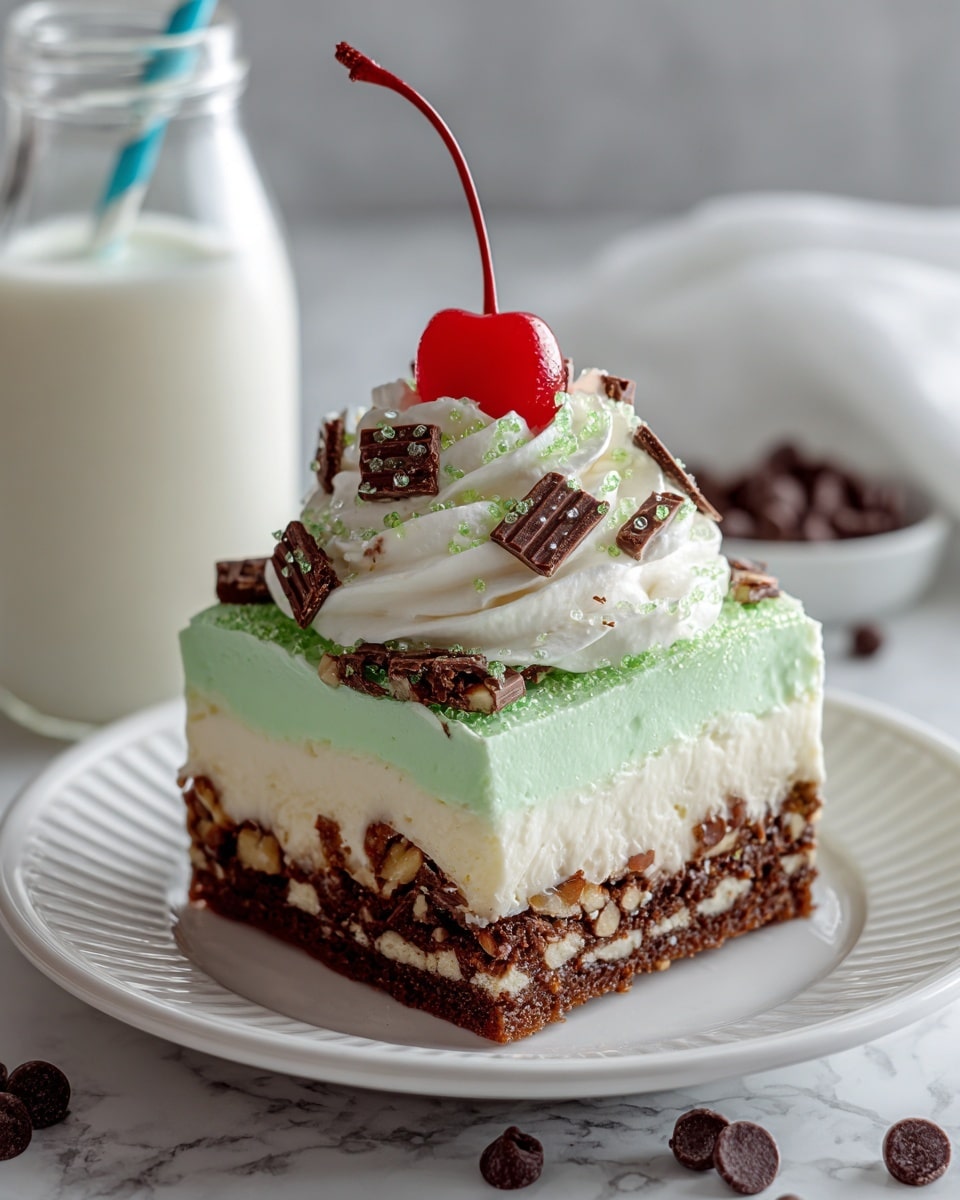 The image shows a white rectangular baking dish filled with a pale green creamy layer topped with many dark brown crushed cookies scattered unevenly across the surface. The dish sits on a white marbled surface next to a bottle of milk with two light blue and white striped straws. A white plate with a gold fork is placed nearby, along with a silver spatula resting on a yellow and white striped cloth. The texture of the creamy layer is smooth with bits of cookie providing a rough contrast. Photo taken with an iphone --ar 4:5 --v 7