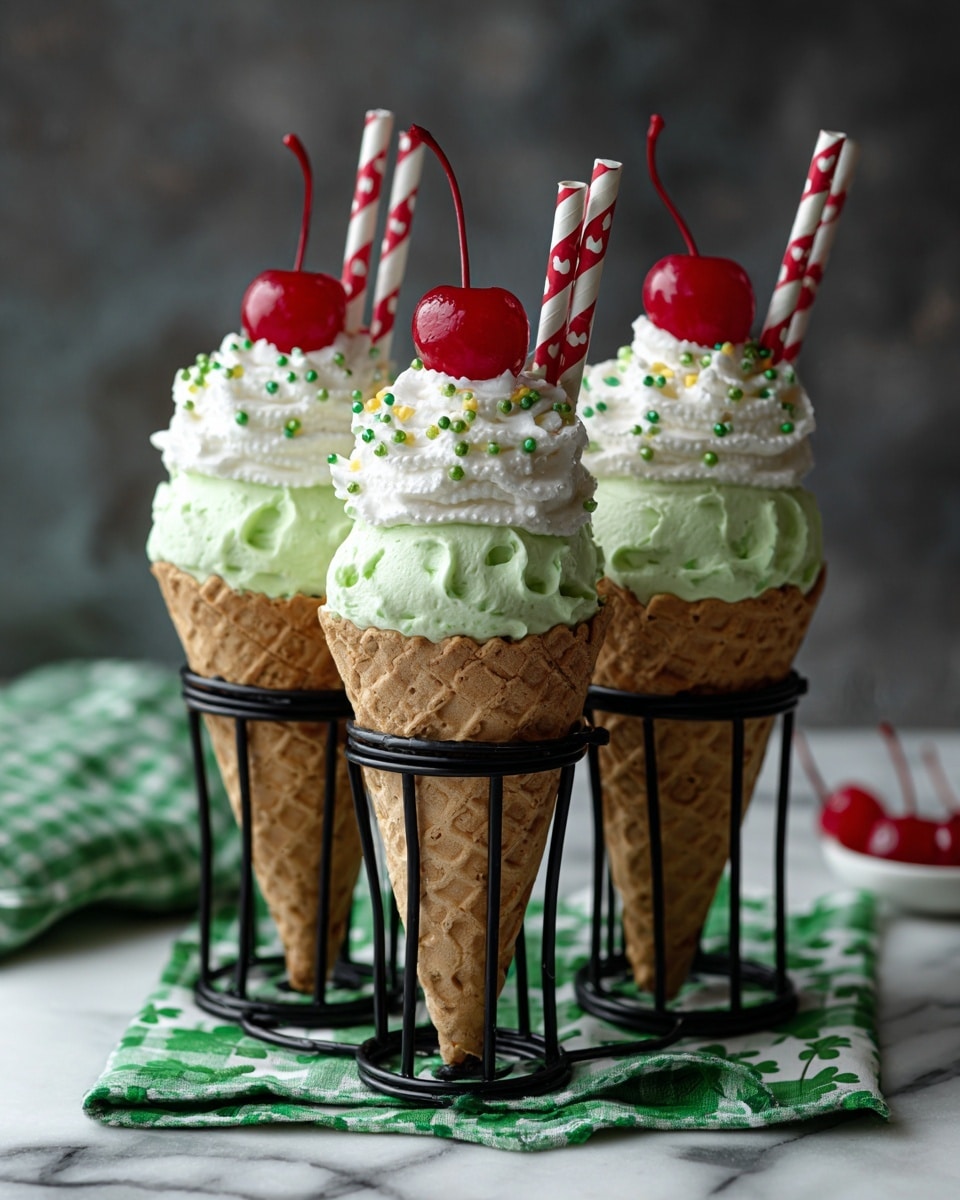 The image shows four waffle cones standing upside down in small clear glass jars filled with green sprinkles. Each cone has two layers of soft cream – a bottom layer of light green and a top layer of white, both swirled smoothly. On top of the white cream, there are tiny green sprinkles scattered and a bright red cherry with its stem standing tall. Next to the cherry in each cone is a red and white striped paper straw. In the background, there is a white bowl filled with more cherries, and the scene is set on a white marbled surface with green cloth napkins decorated with clover shapes. Photo taken with an iphone --ar 4:5 --v 7