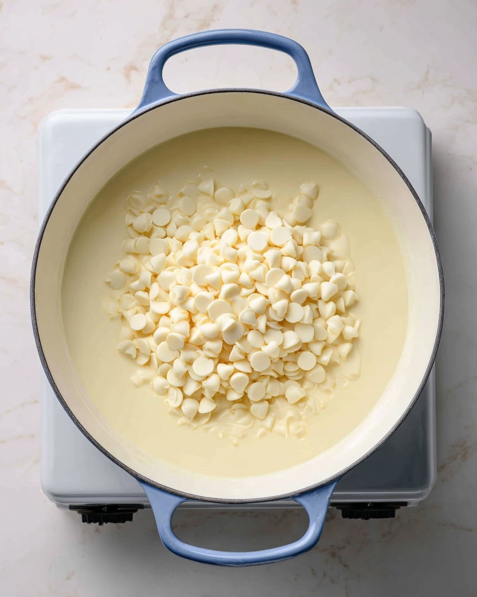 A large white pot with blue handles is shown from above, sitting on a stovetop with a white marbled surface around it. Inside the pot, there is a creamy pale yellow liquid filling the bottom layer, with a pile of small, round, white chocolate chips resting in the center. The chocolate chips are glossy and smooth, sitting on top of the creamy liquid. The background is softly lit to highlight the pot and its contents. photo taken with an iphone --ar 4:5 --v 7