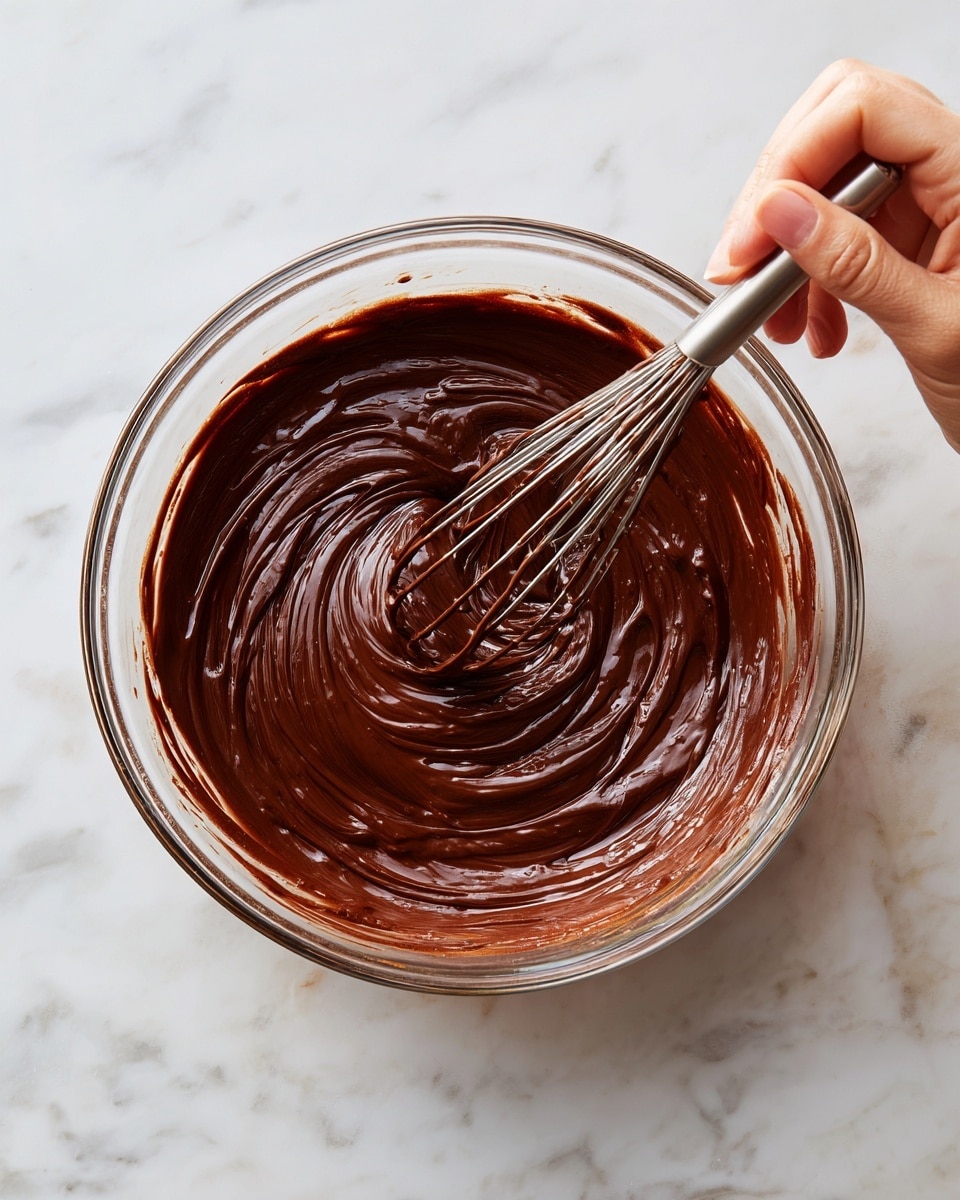 A clear glass bowl filled with thick, dark brown chocolate batter is shown from above. A metal whisk is dipped inside the bowl, mixing the smooth, glossy batter with visible swirls. The bowl is placed on a white marbled surface, and a woman's hand is holding the whisk, stirring the chocolate. The rich texture of the batter contrasts with the clear glass and the bright white background, emphasizing the smoothness and shine of the chocolate mixture. Photo taken with an iphone --ar 4:5 --v 7
