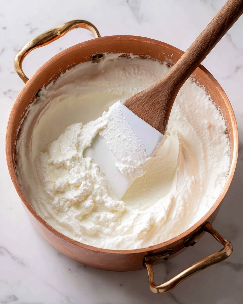 A close-up image shows a copper pot on a stove with white mini marshmallows melting inside. The marshmallows form a soft, sticky, creamy white layer covering the bottom and sides of the pot. A white spatula with a brown wooden handle is scraping through the marshmallows, creating a clear, smooth path in the center. The copper pot has a warm, shiny texture with curved handles visible on the sides. The background is a white marbled texture. photo taken with an iphone --ar 4:5 --v 7