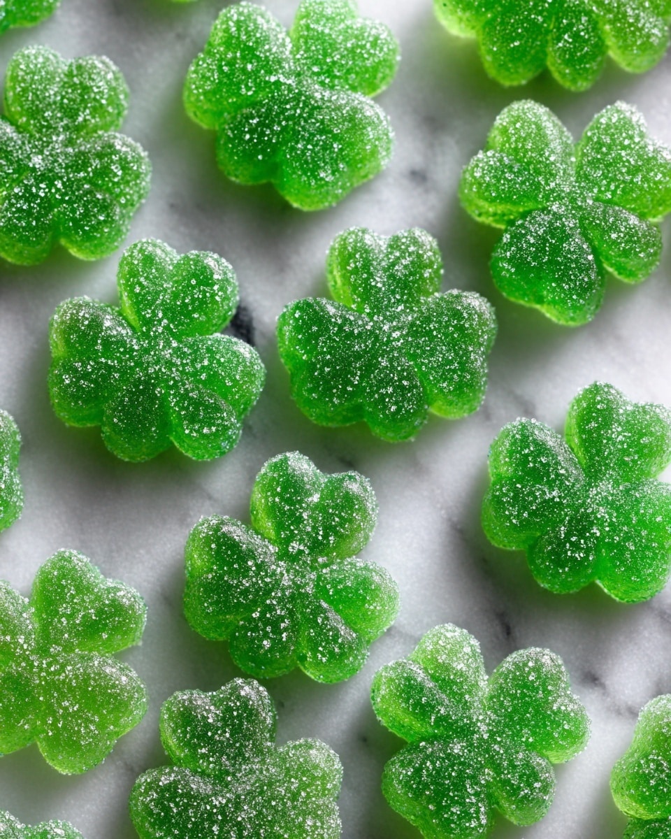 The image shows multiple bright green gummy candies shaped like shamrocks lying flat on a white marbled surface. Each candy has a sparkling sugar coating that gives them a slightly rough texture, and the sugar crystals catch the light, creating a glittery effect across the gummy shapes. The candies are spread out randomly but close to each other, and the green color of the gummies is vivid and translucent, allowing light to shine through some parts. photo taken with an iphone --ar 4:5 --v 7