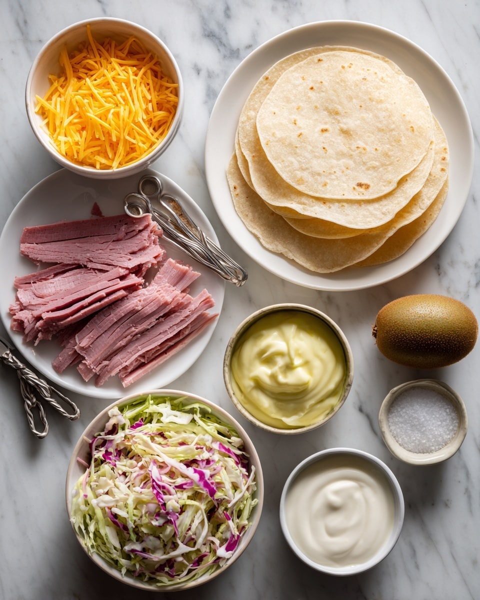 A top-down view of several small white bowls and plates arranged on a white marbled surface, showing ingredients for a dish. In the top center, a white bowl holds bright yellow shredded cheddar cheese. Below this, a white plate has two pale yellow corn tortillas stacked flat. To the left, a larger white plate contains thin slices of pink corned beef layered loosely. Near the bottom right, a white bowl is filled with a colorful oil and vinegar coleslaw, featuring shredded vegetables in green, purple, and cream colors. A whole brown kiwi sits between the coleslaw and corn tortillas. To the right side of the image, three small white bowls contain different light-colored spreads and liquids: mayo (creamy white), lime juice (pale yellow-green), and sour cream (off-white). Above these bowls, metal measuring spoons lay on the marble with a small white pile of salt next to them. Photo taken with an iphone --ar 4:5 --v 7