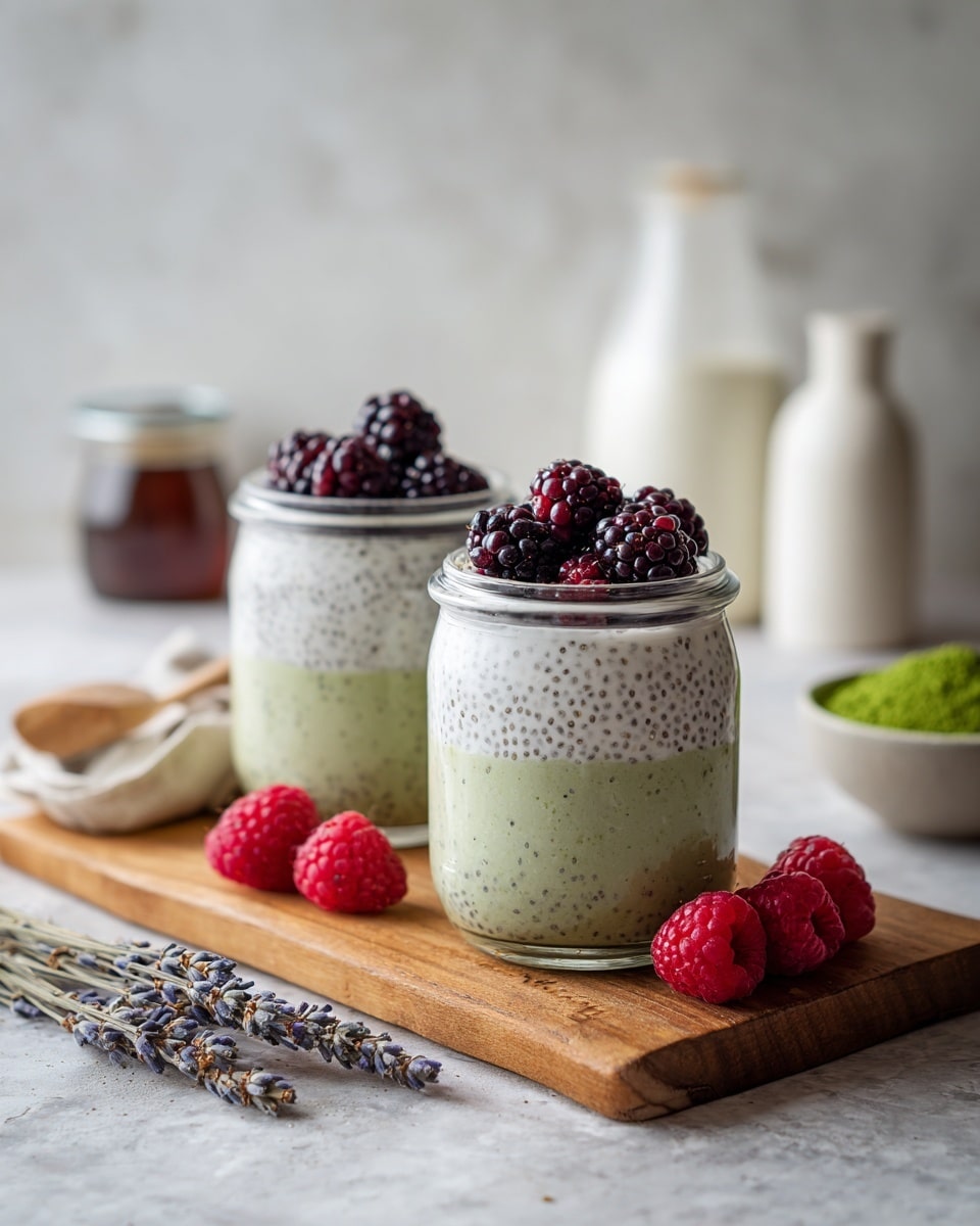 A clear glass jar shows three layers: the bottom layer is light green with a thick, textured look filled with small black seeds, the middle layer is smooth and white, and the top layer has several shiny blackberries. The jar sits on a wooden board with bright red raspberries scattered around it. In the background, there is a blurred white jar with green leaves and another similar glass jar with the same layers. The whole scene is placed on a white marbled textured surface. photo taken with an iphone --ar 4:5 --v 7