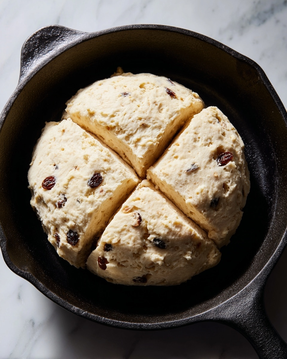 A round dough ball with a pale, slightly bumpy surface showing small dark spots of raisins is placed in the center of a black cast iron pan. The dough is scored on top with a deep cross shape, dividing it into four sections. The pan rests on a clean white marbled surface. The lighting highlights the soft texture of the dough and cast iron's dark matte finish. Photo taken with an iphone --ar 4:5 --v 7