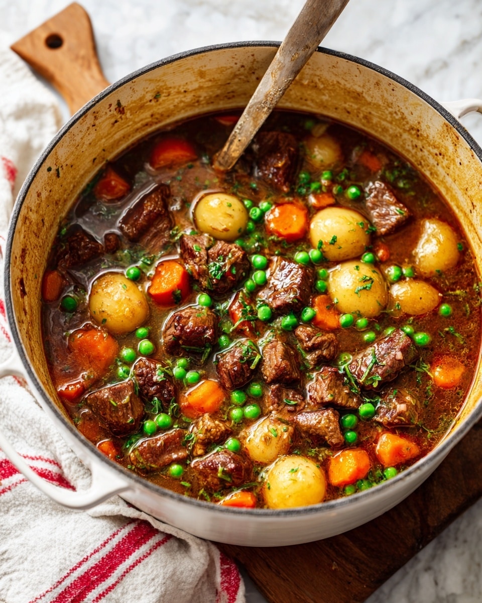 The dish shows a white bowl filled with a stew made of multiple layers: large dark brown pieces of cooked meat sit on top, surrounded by small light brown potatoes, bright orange baby carrots, and green peas. Small white onions and green leafy herbs are scattered on the meat and vegetables. The ingredients are partly covered in a shiny, light brown broth that pools around the edges. A silver fork is placed on the right side of the bowl, which rests on a white marbled surface. Photo taken with an iphone --ar 4:5 --v 7
