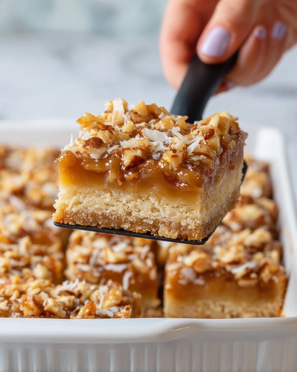 A close-up view of a single square piece of dessert held above a white baking dish by a black spatula with a woman's hand. The dessert has two layers: a light brown soft cake base and a thick top layer with a caramel-colored, sticky texture mixed with small pieces of nuts and shredded coconut. The white baking dish in the background shows other pieces of the same dessert arranged inside it, all sitting on a white marbled surface. photo taken with an iphone --ar 4:5 --v 7