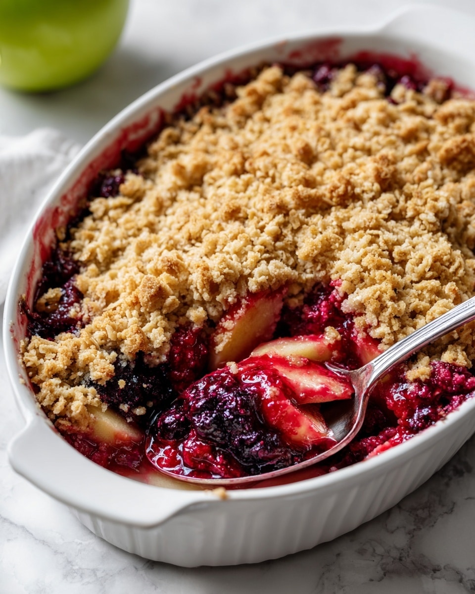 A white textured ramekin is filled with a layered dessert showing a bottom layer of soft red fruit mixture, topped with a crumbly, golden oat mixture that looks crispy and rough. Behind the ramekin, there is a white fluted baking dish containing more of the same dessert with two spoons inside. To the side are two halved green apples resting on a white marbled surface, with a golden wire cooling rack partially visible under the baking dish. The image has a fresh, bright feel with a clear focus on the textured layers and contrasting colors of the red fruit and the golden topping photo taken with an iphone --ar 4:5 --v 7