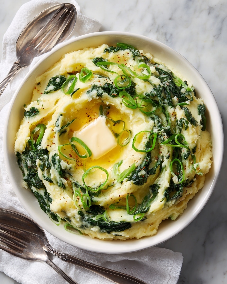 A white pot with a wooden handle contains mashed potatoes mixed with green leafy vegetables, showing two metal mashers with black plastic grips partially pressed into the potatoes. The mashed potatoes are creamy yellow with chunks, and the green vegetable pieces are scattered evenly throughout. The pot sits on a white marbled surface, and the overall scene looks bright and clean. Photo taken with an iphone --ar 4:5 --v 7