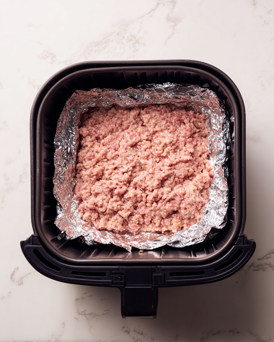 The image shows a black air fryer basket with a layer of crumpled aluminum foil lining the inside. On top of the foil, there is a single thick layer of mixed pink and light beige ground meat spread evenly to cover the base. The surrounding surface is a white marbled texture. The meat mixture has a coarse, uneven texture with small chunks visible throughout. Photo taken with an iphone --ar 4:5 --v 7