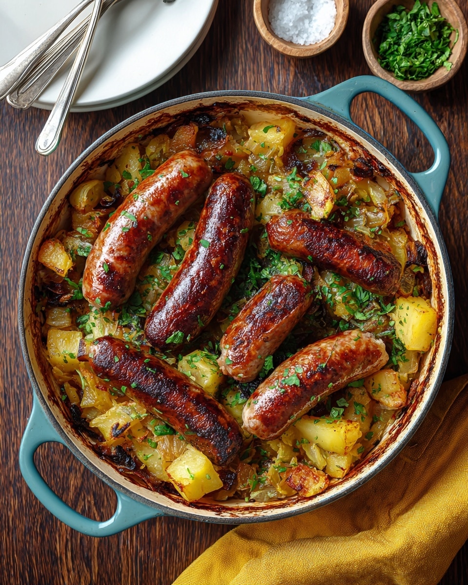 A round light blue pot filled with five dark brown sausages placed on top of a layer of chunky golden brown roasted potatoes mixed with small pieces of browned onion and bits of green herbs. The edges of the pot show a dark brown crust from cooking. The pot sits on a dark wooden surface with a folded yellow cloth nearby, a small white bowl with salt, and another bowl with fresh green herbs. A white plate with silver fork and spoon is placed at the top left corner. Photo taken with an iphone --ar 4:5 --v 7