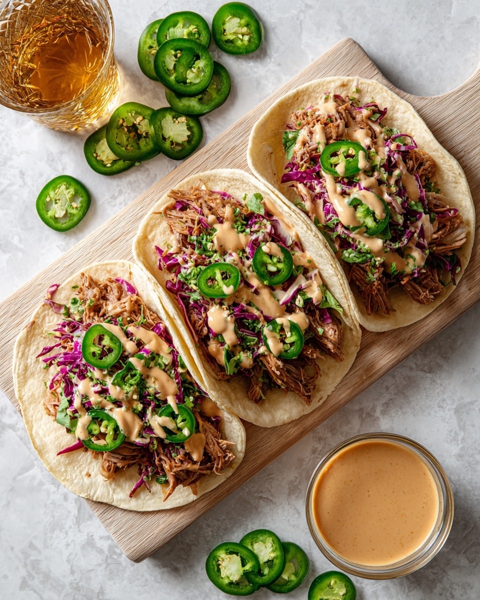 A close-up view of a white soft taco held by a woman's hand shows three main layers inside: at the bottom, shredded pinkish meat forms the base; above it, a layer of chopped purple cabbage mixed with white chopped onions creates a colorful and crunchy texture; on top, thin green jalapeño slices with light orange creamy sauce drizzled over everything add freshness and creaminess. The background features a white marbled surface with blurry tacos and chopped vegetables. Photo taken with an iphone --ar 4:5 --v 7