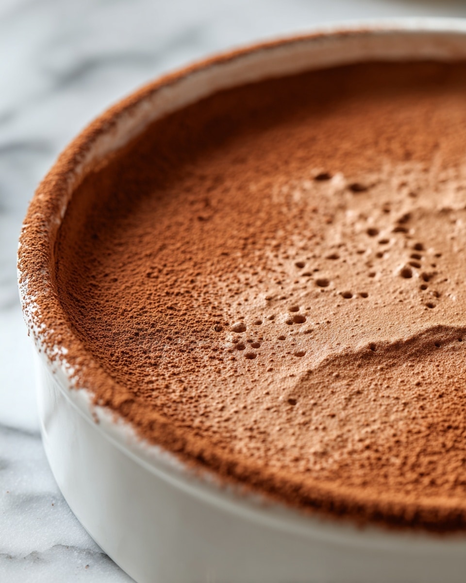 A close-up of a single layer chocolate mousse cake in a white round pan. The mousse has a smooth, light brown texture with small air bubbles, and a dusting of cocoa powder evenly covers the top surface. The cake edges are slightly rough with some minor indentations. In the background, there is a blurred cocoa powder box. The surface under the pan is white marble. photo taken with an iphone --ar 4:5 --v 7