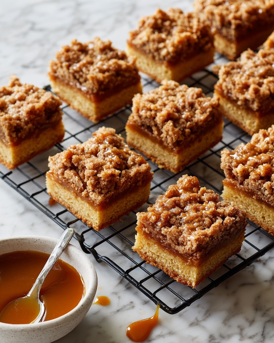 Nine square pieces of crumb cake are placed on a black wire cooling rack over a white marbled surface. Each cake square has two layers: a light golden brown, soft-textured base layer topped with a thick, coarse-textured crumb topping that is darker brown. Some crumbs have a slightly shiny caramel glaze drizzled on them. Beside the rack is a white bowl filled with shiny caramel sauce and a spoon resting on the surface, with some caramel sauce dripping off it. Photo taken with an iphone --ar 4:5 --v 7