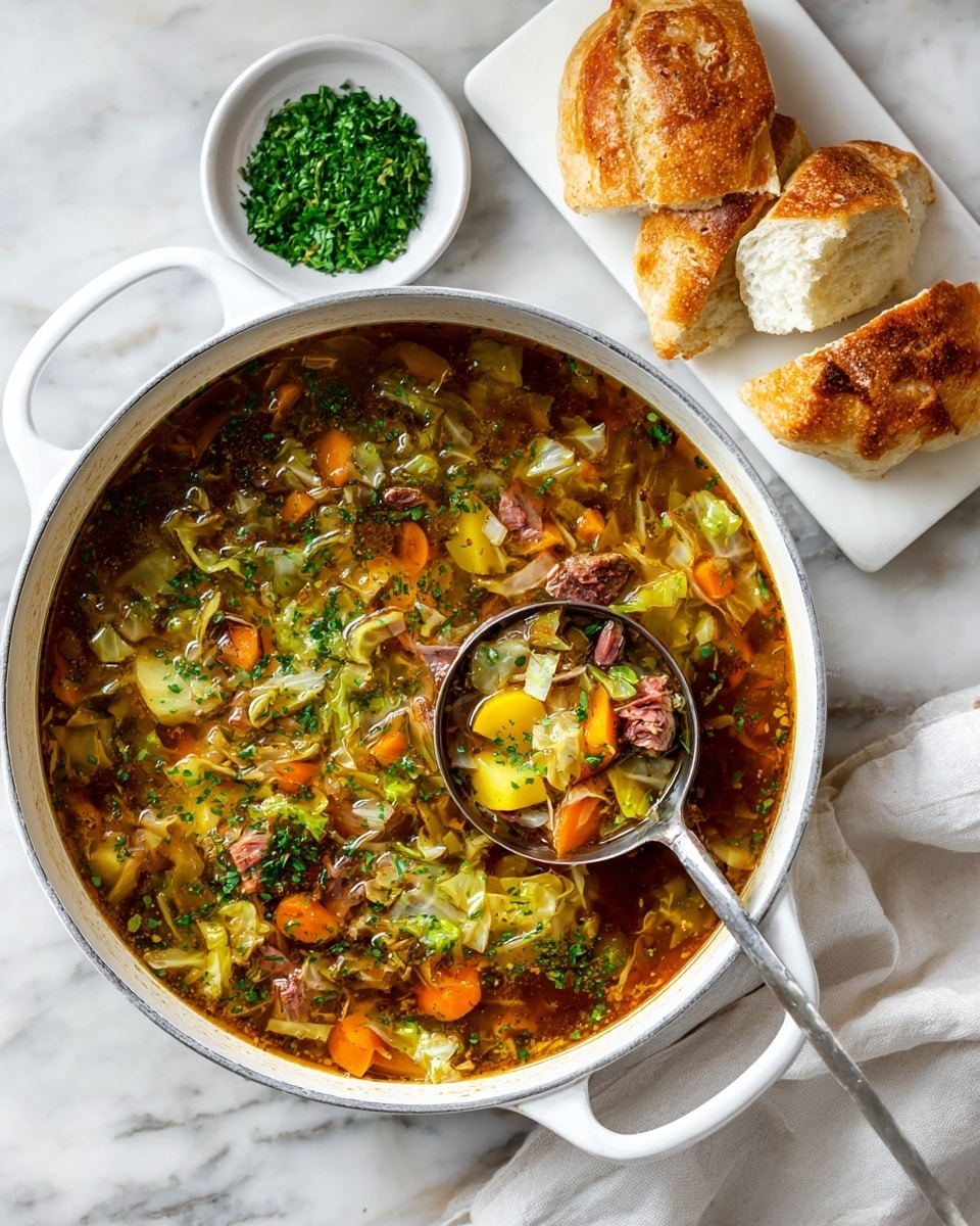 A white bowl filled with chunky soup showing multiple layers including orange carrot slices, pieces of green celery, large light-green cabbage leaves, small pinkish-red potato chunks, and tender dark red shredded meat all in a clear brown broth. The ingredients float together in the savory liquid with small green parsley pieces sprinkled on top for color. Next to the bowl is a piece of light golden toasted bread on a white marbled surface with a silver spoon partly visible on the right side. A woman's hand is just out of frame holding a piece of bread. Some loose parsley leaves and small crumbs are scattered around. photo taken with an iphone --ar 4:5 --v 7