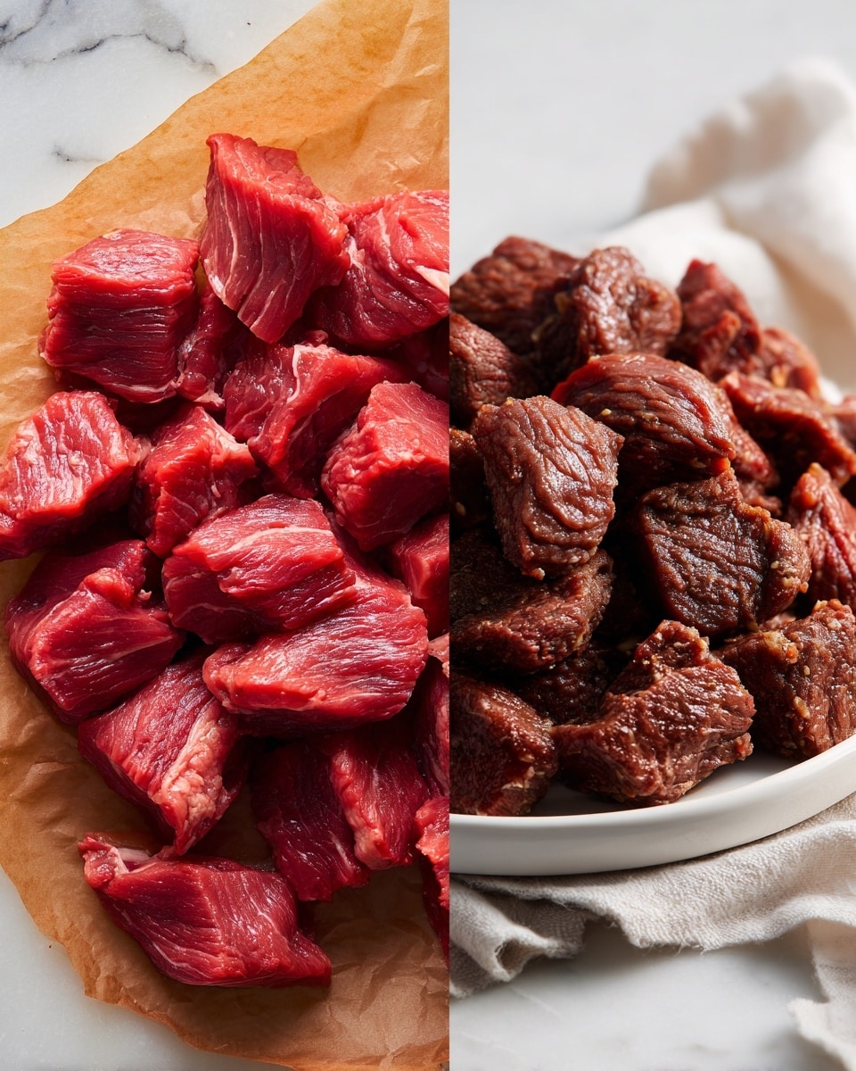 The image shows two side-by-side photos of beef pieces. On the left side, there is a close-up of raw beef chunks laid on brown parchment paper over a white marbled surface. The beef has a bright red color with visible marbling, and the pieces vary in size and shape. On the right side, the beef chunks are cooked and placed on a white plate over a white marbled surface with a white cloth underneath. The cooked beef is brown with a textured surface, showing a slight crisp on some edges, and the pieces are piled in a mound. Photo taken with an iphone --ar 4:5 --v 7