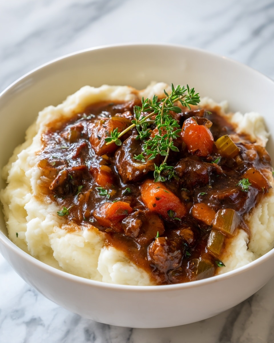 A white bowl holds a dish with two layers: the bottom layer is soft, white mashed potatoes with a smooth texture, and on top is a thick brown stew containing dark brown chunks of meat, orange carrot pieces, and some green celery bits mixed in a rich gravy. The stew is garnished with a small green sprig of thyme placed in the center. The background shows a white marbled surface. Photo taken with an iphone --ar 4:5 --v 7