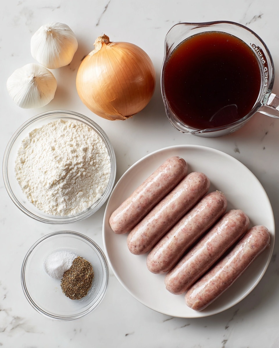 The image shows six cooking ingredients arranged neatly on a white marbled surface. On the top left are two cloves of garlic with a smooth pale skin. To their right is a whole onion with a golden brown smooth outer layer. Below the garlic, there is a small glass container filled with white flour, followed by an even smaller clear bowl with ground black pepper. In the center, a clear glass measuring jug contains dark red beef stock or broth, showing its rich liquid inside. On the right side, a white plate holds six raw sausages, light pink in color with specks of spices visible through their smooth skin. photo taken with an iphone --ar 4:5 --v 7